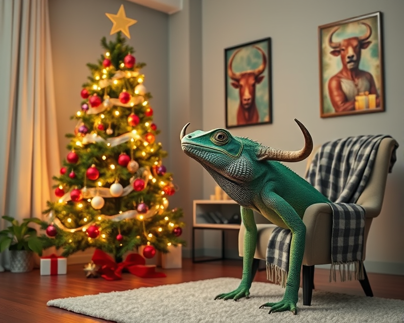 christmas tree, iguana, bull, towel, chair